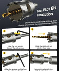 Rock Hard Carbide Hole Saw Kit For Metal Working Twenty One Piece TCT Cutter Set showing easy pilot bit installation steps.