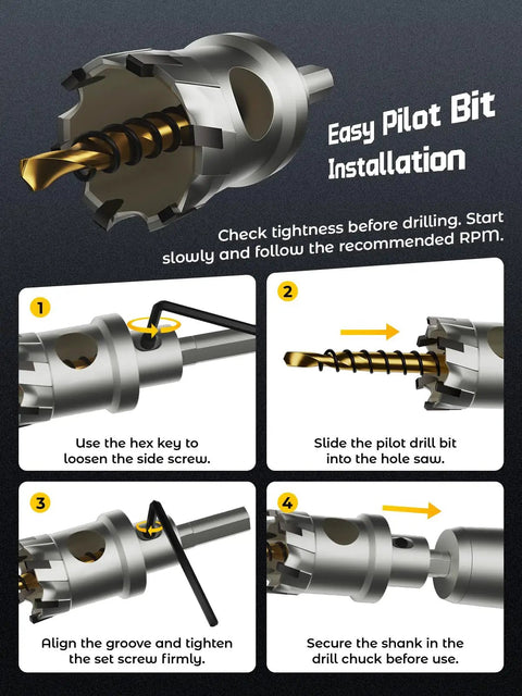 Rock Hard Carbide Hole Saw Kit For Metal Working Twenty One Piece TCT Cutter Set showing easy pilot bit installation steps.