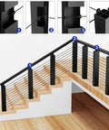 100 Pack Top Shelf Beveled Cable Railing Grommets 30 Degree Rubber Protector Sleeves For Metal And Wooden Posts Fits 1 8 5 32 And 3 16 Inch Stainless Steel Cable No Sweat Install showing installation steps on a staircase.