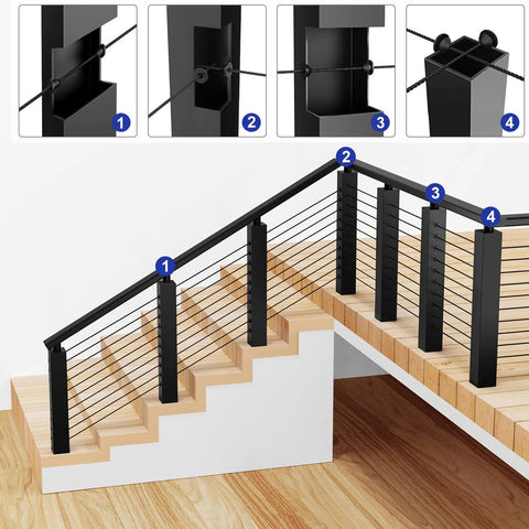100 Pack Top Shelf Beveled Cable Railing Grommets 30 Degree Rubber Protector Sleeves For Metal And Wooden Posts Fits 1 8 5 32 And 3 16 Inch Stainless Steel Cable No Sweat Install showing installation steps on a staircase.