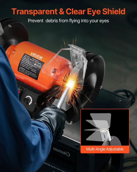 High Octane 8 Inch Variable Speed Bench Grinder Delivering 550 Watt Power And 2000 To 3450 Rpm Range with adjustable eye guard in use.