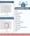 Image showing Adjustable Mini PC Mount Bracket compatibility, supports NUC, Mac Mini, and thin clients up to 12 lbs.