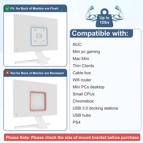 Image showing Adjustable Mini PC Mount Bracket compatibility, supports NUC, Mac Mini, and thin clients up to 12 lbs.