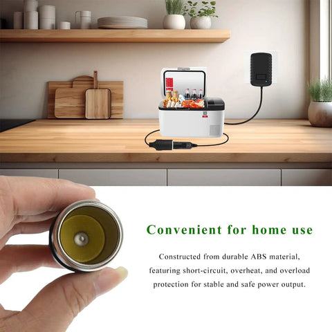 No Sweat Ac To Dc Converter 100 To 240 Voltage Ac To 12 Volt 2 Amp Dc 24 Watt Wall Plug Adapter connected to a portable cooler.