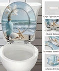 Resin Round Toilet Seat with Cover for Bathroom with beach scene design, grip-tight bumpers, and quick release functionality.