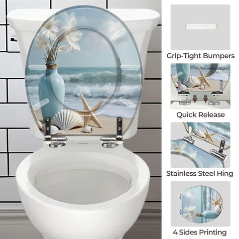 Resin Round Toilet Seat with Cover for Bathroom with beach scene design, grip-tight bumpers, and quick release functionality.