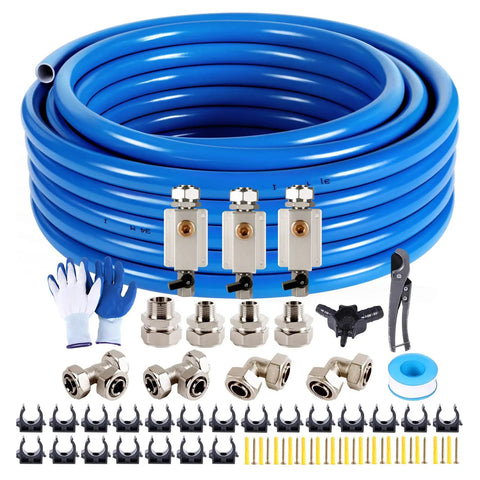 Heavy Duty Shop Air Line Kit Three-Quarters Inch HDPE Aluminum HDPE Tubing for Compressed Air System, showing components.