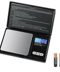 Pocket Scale With Backlit LCD Display, 200g Capacity, 0.01g Precision, shown with batteries and open lid display