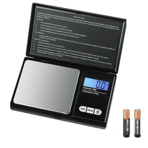 Pocket Scale With Backlit LCD Display, 200g Capacity, 0.01g Precision, shown with batteries and open lid display