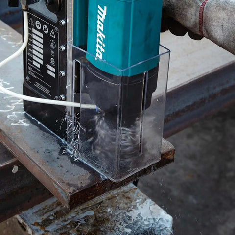 Side view of Makita HB350 1-3/8 in magnetic drill with teal body and clear safety guard.