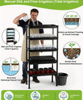 Man using Five Tier Hydroponics Grow System With Plant Stand Ebb And Flow Seedbeds Siphoning Watering For Indoor And Greenhouse.
