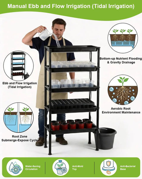 Man using Five Tier Hydroponics Grow System With Plant Stand Ebb And Flow Seedbeds Siphoning Watering For Indoor And Greenhouse.