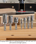 Top Shelf Carbide Tipped Plunging Template Router Bit 3 Piece Set 1/2 Shank 1-1/8 Cut Diameter Up-Cut Geometry on wood.
