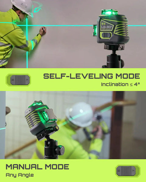 3 By 360 Degree Laser Level Self Leveling With Green Cross Line For Construction And Picture Hanging All In One Boss Grade Tool With Rechargeable Battery Remote Control And Magnetic Rotating Stand Included, self-leveling mode