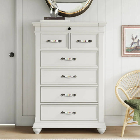 White dresser with Six Pack Floral Ceramic Cabinet Pulls With Screws, 3.78 Inch Center To Center Hole Distance, antique design handles.