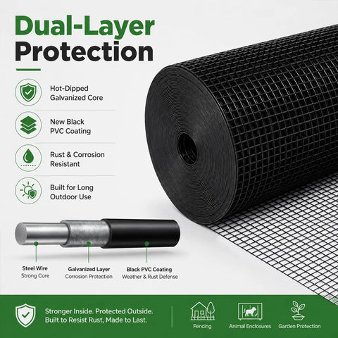 Premium Quality 1/2 Inch Black Hardware Cloth 48 Inches Wide By 100 Feet Long Roll showcasing dual-layer protection and PVC coating.
