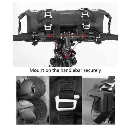 Waterproof Handlebar Bag Set for Bikepacking mounted on handlebars with dual roll-top bags and secure straps, 600D nylon and TPU.