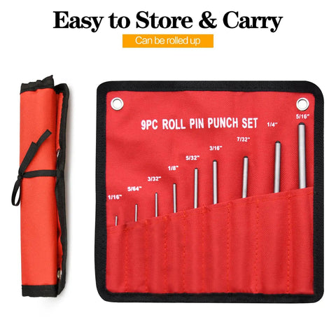 Nine Piece Pin Punch Set with Knurled Handles in red storage pouch, sizes 1/16 to 5/16 inch, for automotive, jewelry, craft projects