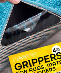 Stay Put Rug Corner Grippers No Slip Anti Slip Rug Holders for hardwood, laminate, and carpet shown with packaging and corner installation