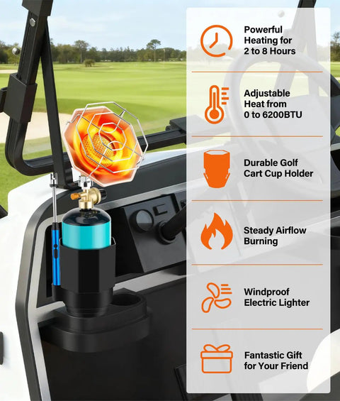 Portable Golf Cart Heater With Cup Holder And Gas Regulator, 6200 BTU Propane Heater With Windproof USB Igniter in cart