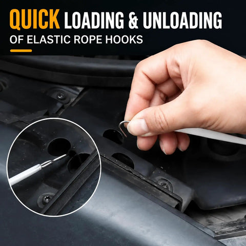 Quick loading of elastic rope hooks on a vehicle; demonstrates convenient use and functionality.