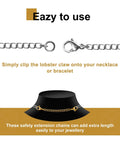 Stainless Steel Necklace Extenders Set In Gold And Silver Finishes, 10 Pieces, Five Length Options From Two Inch To Three Inch With Lobster Clasps, Durable Jewelry Making Extensions For Bracelets And Anklets shown with illustrated usage on hat-like display.