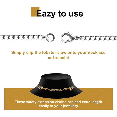 Stainless Steel Necklace Extenders Set In Gold And Silver Finishes, 10 Pieces, Five Length Options From Two Inch To Three Inch With Lobster Clasps, Durable Jewelry Making Extensions For Bracelets And Anklets shown with illustrated usage on hat-like display.