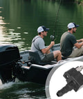 Replacement Fuel Connector For Outboard Boats Made From Plastic And Aluminum Plug And Play Fuel Line Fitting For 4 To 140 HP Motors Durable Leak Proof Performance Designed To Fit A Wide Range Of Marine Outboard Engines And Boats shown on an outboard motor boat with fishermen on a lake.