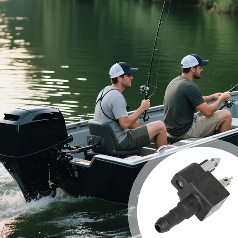 Replacement Fuel Connector For Outboard Boats Made From Plastic And Aluminum Plug And Play Fuel Line Fitting For 4 To 140 HP Motors Durable Leak Proof Performance Designed To Fit A Wide Range Of Marine Outboard Engines And Boats shown on an outboard motor boat with fishermen on a lake.