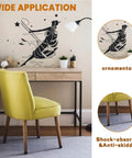 Room with a yellow chair, wooden desk, and adhesive wall art of a dancer. Insets show decorative and anti-skid features of cushioning foam.