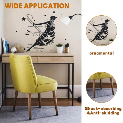 Room with a yellow chair, wooden desk, and adhesive wall art of a dancer. Insets show decorative and anti-skid features of cushioning foam.