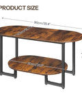 Oval Wood Coffee Table With Dual Open Storage Shelves Chill Farmhouse Vibe For Cozy Living Rooms And Home Offices Rustic Brown Finish Sturdy Base, showing dimensions.