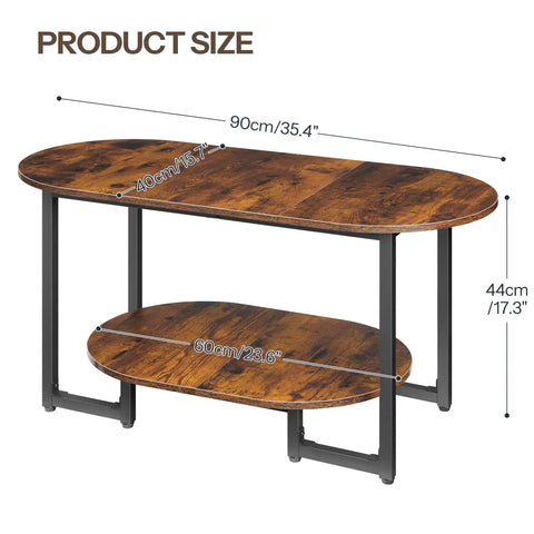 Oval Wood Coffee Table With Dual Open Storage Shelves Chill Farmhouse Vibe For Cozy Living Rooms And Home Offices Rustic Brown Finish Sturdy Base, showing dimensions.