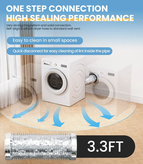 Magnetic Dryer Vent Connector Kit with Quick Connect Design and Airtight Seal 4 Inch Flexible Duct Hose in use with washing machine