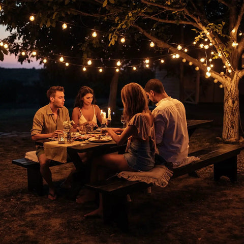 Outdoor String Lights IP65 Waterproof 200 Ft With 104 G40 Bulbs Two Pack 100 Ft Each Dimmable for Patio dining ambiance