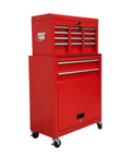 Hella Smooth Rolling 8 Drawer Tool Chest With Detachable Master Top Box And Cushioned Liners in red with casters.