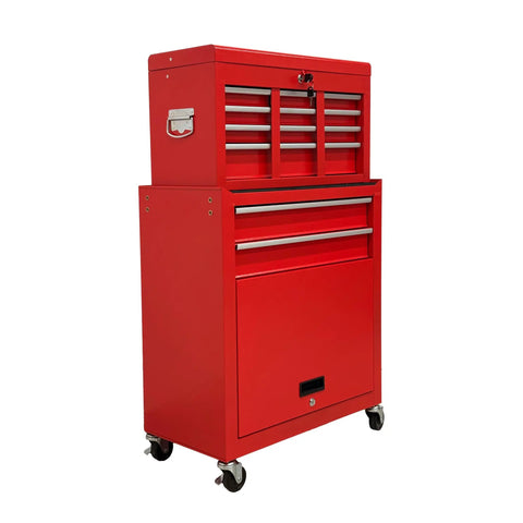 Hella Smooth Rolling 8 Drawer Tool Chest With Detachable Master Top Box And Cushioned Liners in red with casters.
