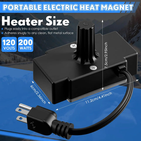 Hortsun portable electric heat magnet heater for small engines, 120V 200W, black rectangular unit with power cord