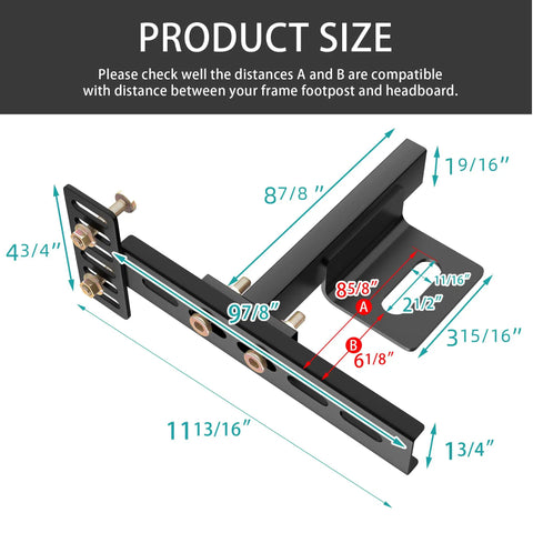 Product size diagram for Built Tough Adjustable Headboard Brackets For Metal Bed Frame With Heavy Duty Footboard Extension Bolts No Sweat Install Matte Black Mounting Kit Fits Twin Full Queen King Size 2 Pack.