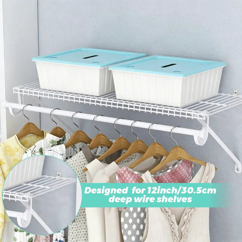 12 Inch Wire Shelf Brackets Set For Closet Shelves And Racks in use holding storage bins and hangers, white epoxy coated steel