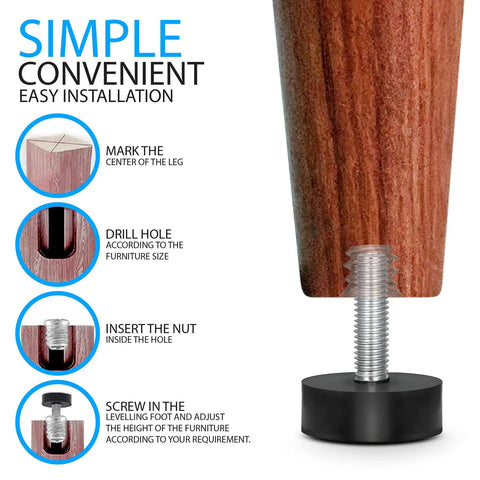 Installation guide for 12 Pack Rubber M6 Leveling Feet For Furniture With Adjustable Threading And Secure Inserts.