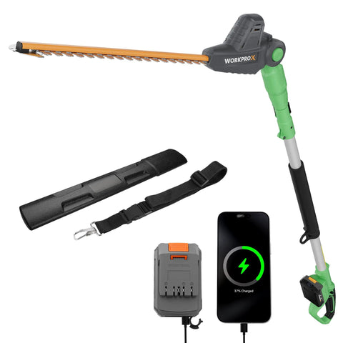 20V Cordless Pole Hedge Trimmer With 9.2 Foot Reach, 11-Position Rotating Head, Extension Pole, 2.0Ah Battery, Charger, and Strap