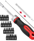 Ultimate 26-Piece Ratcheting Screwdriver Bit Set With S2 Steel Bits, Magnetic Driver And Telescopic Rod; handle and bit racks shown