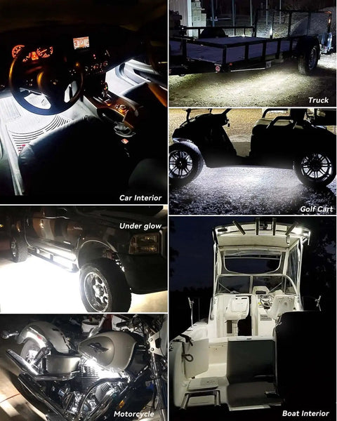 12V White LED Light Strip Kit illuminating car interiors, trucks, golf carts, motorcycle, underglow, and boat interiors