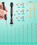 Top Shelf Hand Drill Set For Resin Crafts With 10 Precision Bits And 600 Eye Screws Plus 15 Keychain Rings Easy Pin Vise Kit showing bits and tool.
