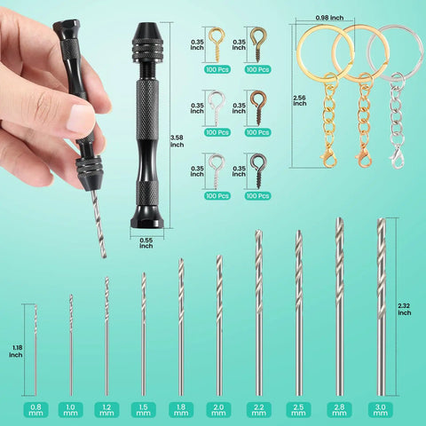 Top Shelf Hand Drill Set For Resin Crafts With 10 Precision Bits And 600 Eye Screws Plus 15 Keychain Rings Easy Pin Vise Kit showing bits and tool.