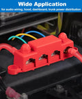 Heavy Duty 12V Bus Bar Power Distribution Block Packing 250A Peak Current And Stainless Steel Terminals For Bulletproof RV Marine And Car Audio Builds Crafted Tough And Street Ready, red block with wiring.