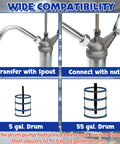 No Frills Heavy Duty Lever Action Drum Pump For 5 To 55 Gallon Drums with spout and telescopic tube for fluid transfer.