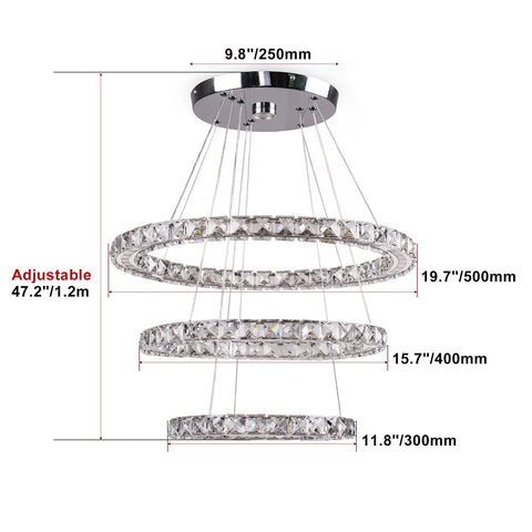 Modern LED Crystal Ring Chandelier Pendant Light With Three Rings, Adjustable Hanging Height 12 To 48 Inches, Cool White 4500K
