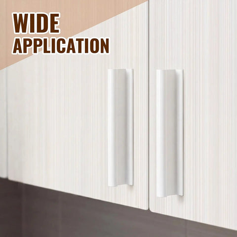 White Four Pack Self Adhesive Edge Finger Pull Door Handles Four And Three Quarter Inch for cabinets and doors, close-up view